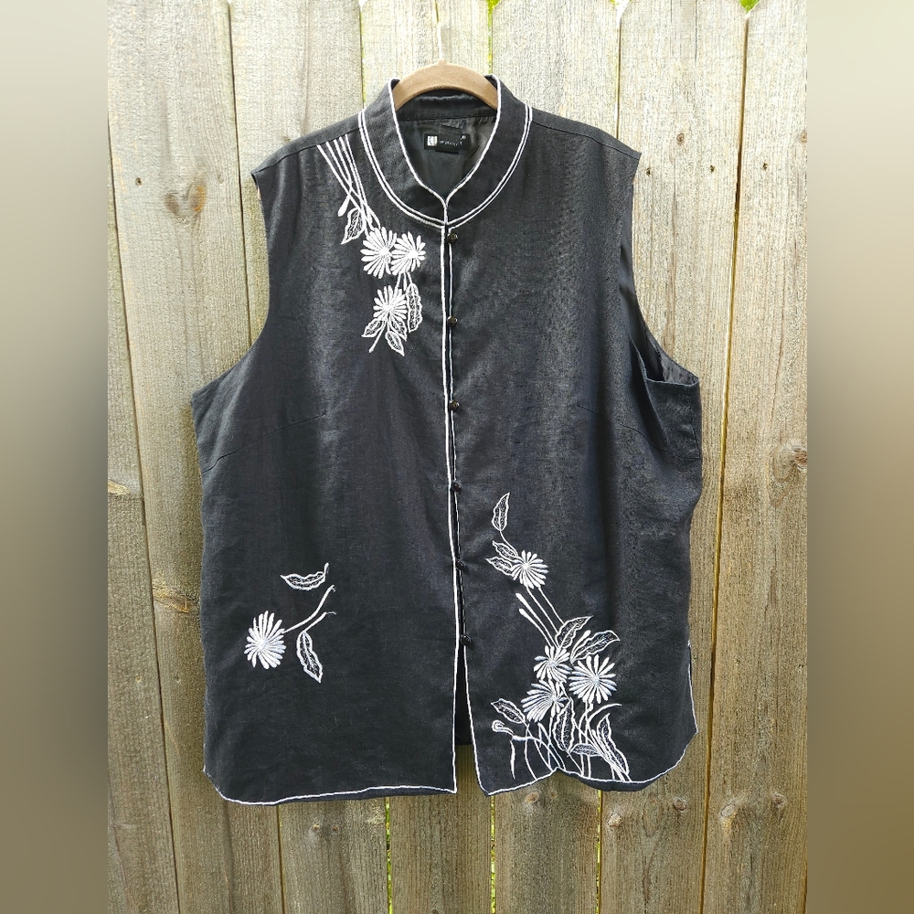 Vintage Carole Little Woman's Asian Inspired Linen Blouse Vest Top